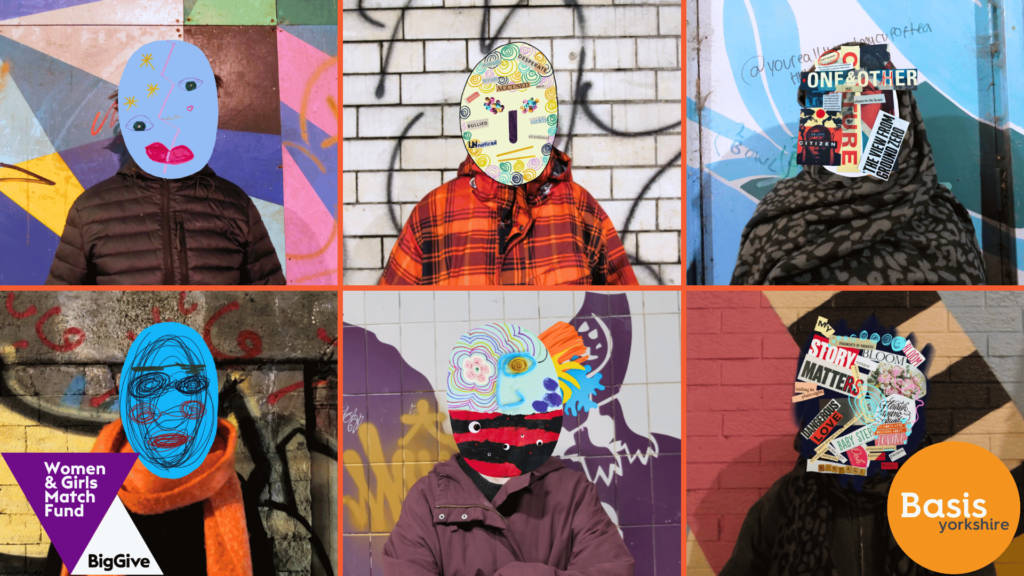 Image of 6 photos of people's torsos with masks imposed on them.