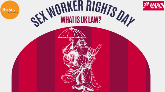 Graphic with Basis Yorkshire logo and outline of woman with umbrella. Text reads: Sex Worker Rights Day. What is UK law? 3rd March.