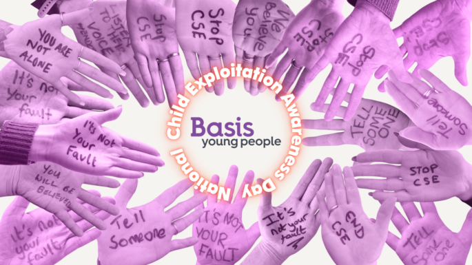Image with multiple photos of purple hands with messages on palms, reading 'Not your fault', 'Tell someone', 'Stop CSE, 'You will be believed'. Basis Young People Logo in centre with text reading: National Child Exploitation Awareness Day