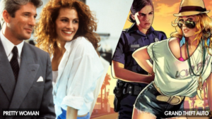 Comparison of Pretty Woman and Grand Theft Auto. Still on the left of the male and female lead in Pretty Woman smiling and standing close together. Grand Theft Auto on the right loading screen shows a blonde lady being handcuffed by a female police officer, she is looking directly at the viewer.