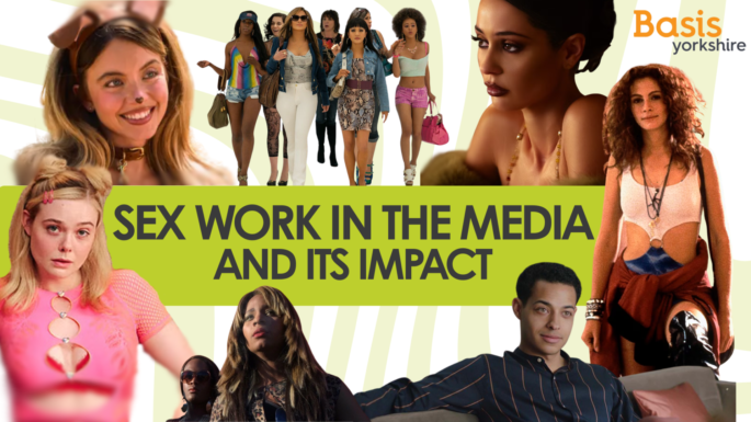 Blog banner. Shows different sex workers from a range of media around the words 'sex work in the media and its impact'.