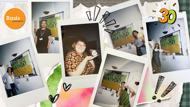 A digital collage including polaroid photos of people posing with a 'Happy 30th Birthday Basis' banner