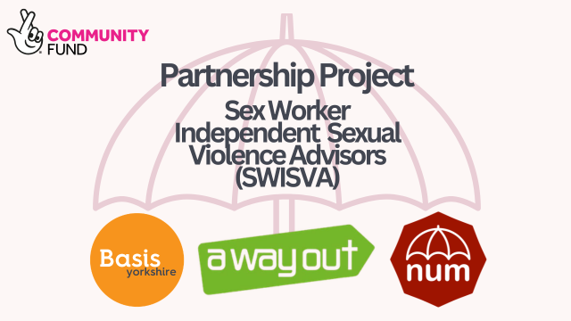 Graphic of an umbrella with the Basis Yorkshire, a way out and num logos underneath. Over the umbrella, text reads: Partnership Project. Sex Worker Independent Sexual Violence Advisors (SWISVA). National Lottery Community Fund logo in top left hand corner.